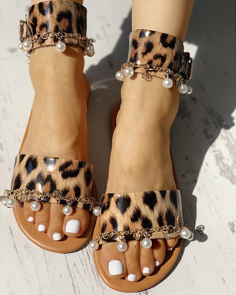 

Leopard Bead Embellished Flat Sandals