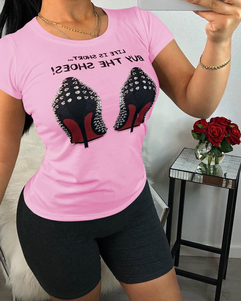 

Printed Short Sleeve Round Neck T-Shirt, Pink