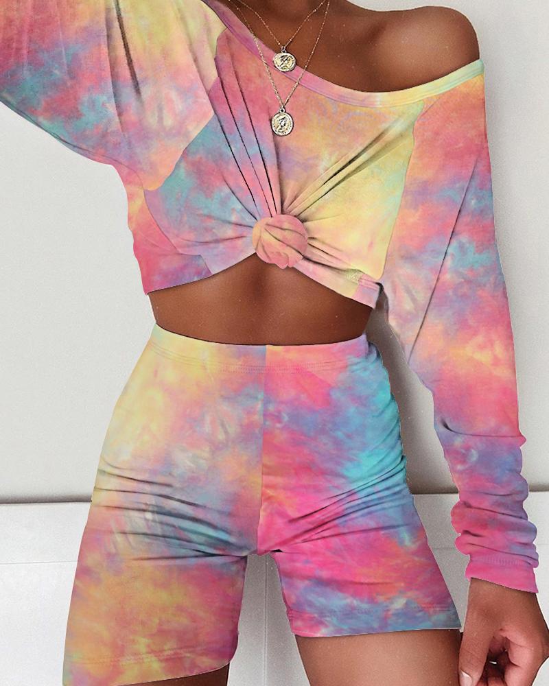 

Tie Dye Print Long Sleeve Top & Short Set, Multicolor