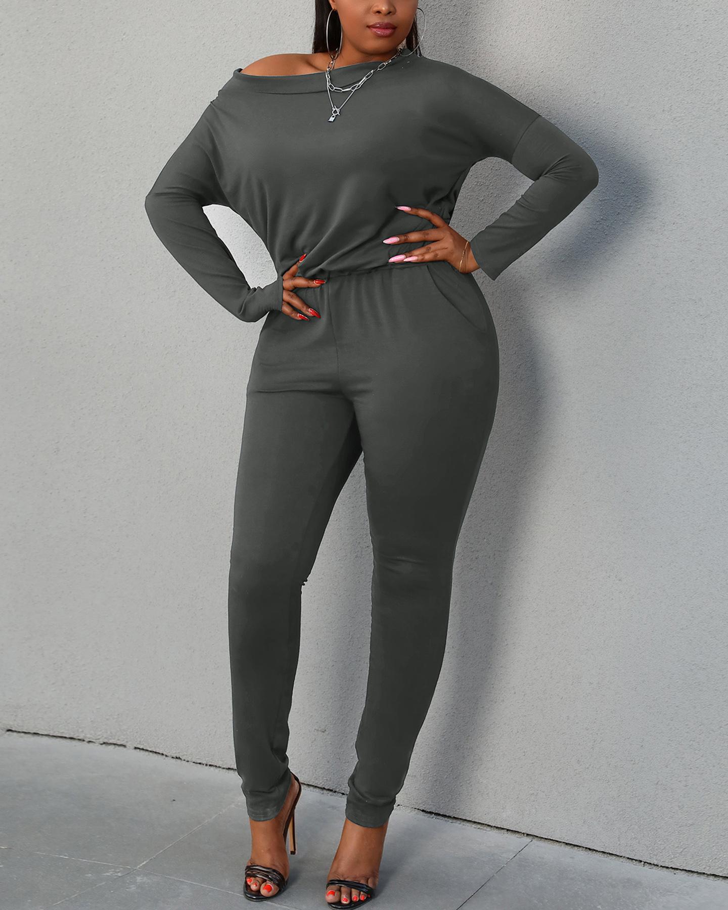 

Plain Long Sleeve Top & Pants Set, Gray