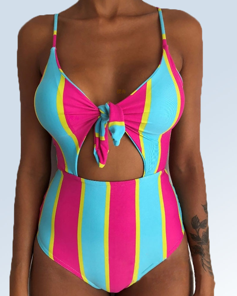 

Print Tied Lace-Up Back One Piece Swimsuit, Hot pink