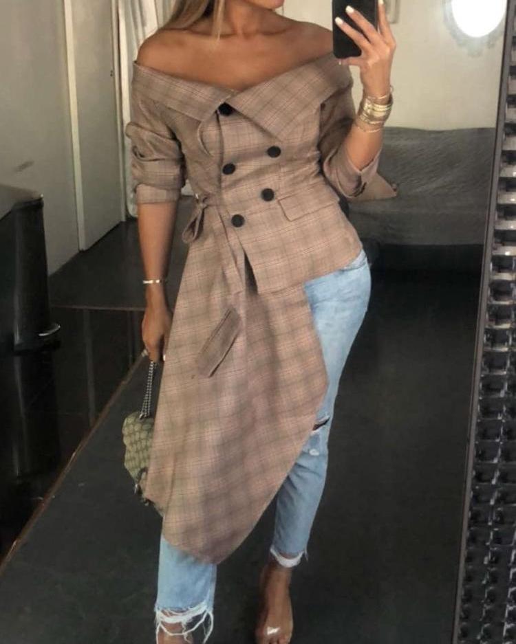 

Off Shoulder Grid Irregular Blazer