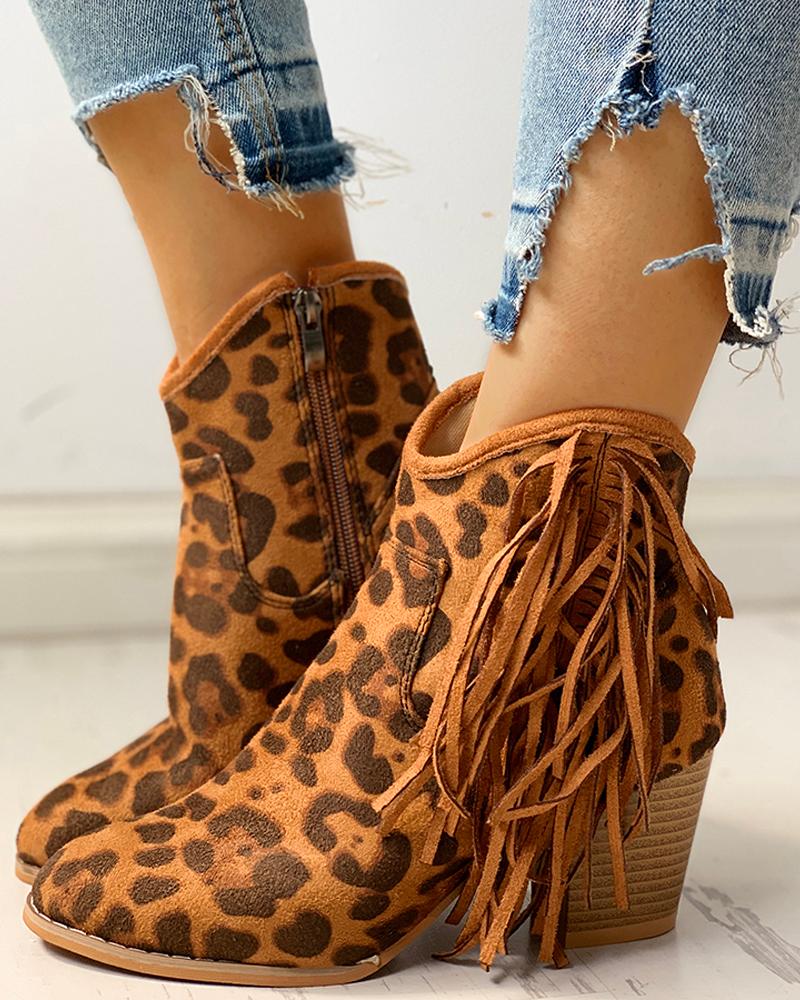 

Solid Tassel Design Chunky Heeled Boots, Leopard