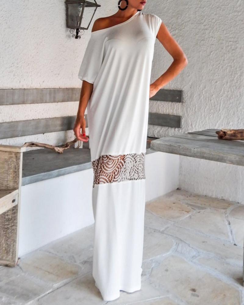 

Short Sleeve Crochet Lace Maxi Dress, White