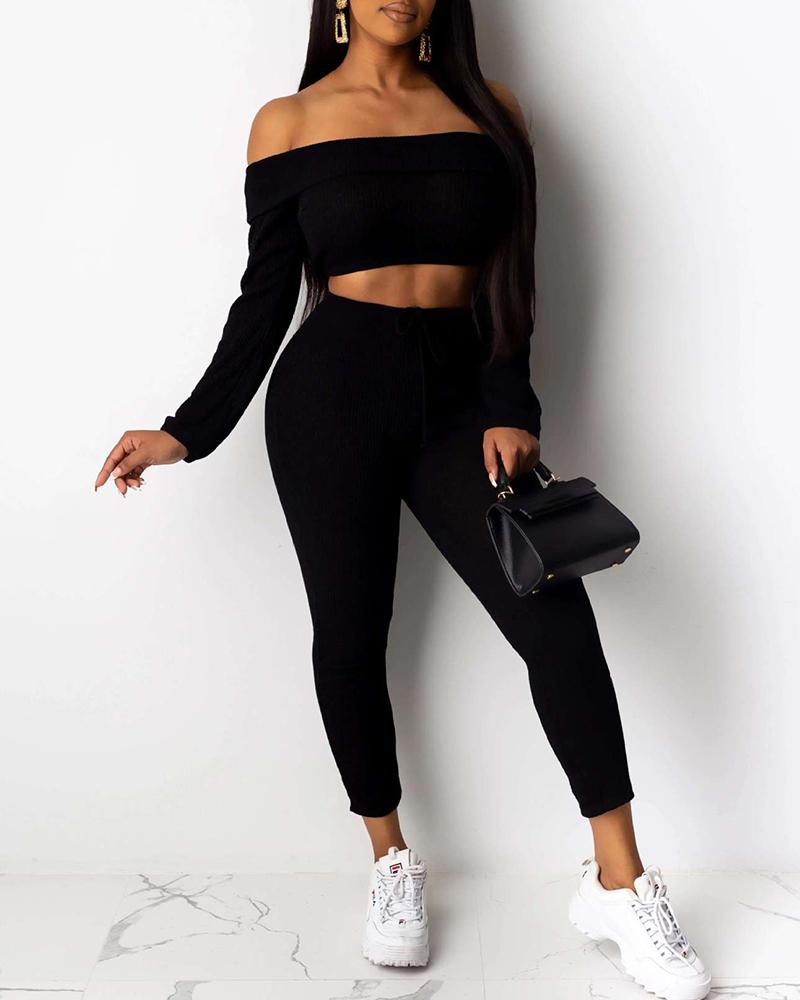 

Off Shoulder Crop Top & Pants Sets, Black