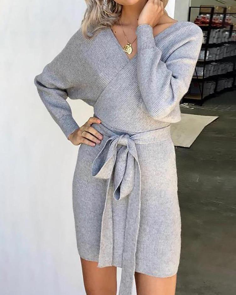 

Cutout Back Tie Waist Wrap Dress, Gray