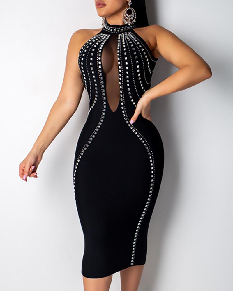 

Studded Backless Mesh Insert Sleeveless Midi Dress, Black