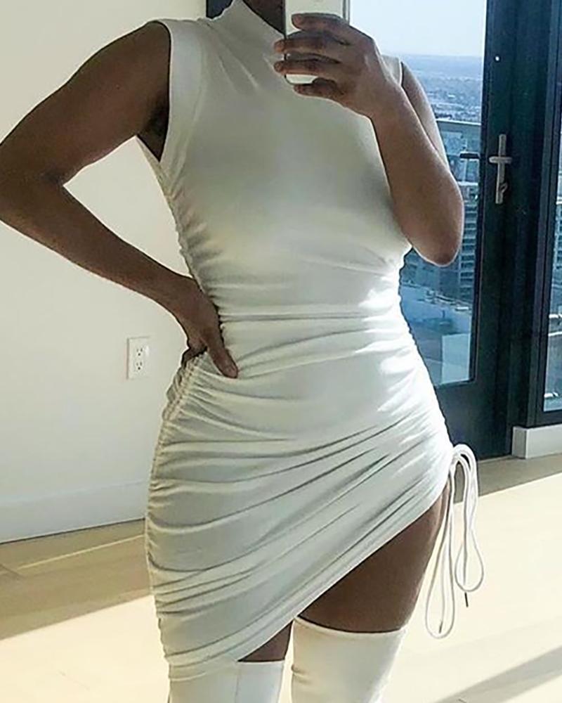 

Solid Mock Neck Sleeveless Drawstring Dress, White