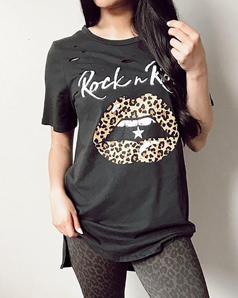 

Leopard Lip Letter Print Slit Casual T-shirt, Black