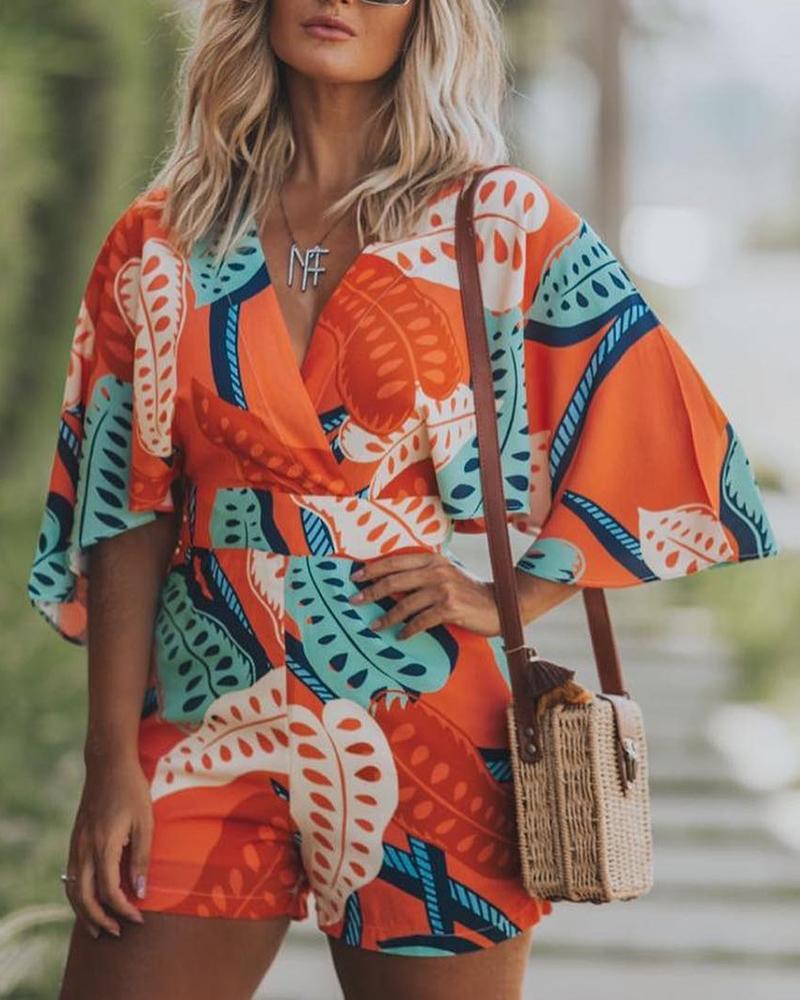 

Bell Sleeve Botanical Print Romper, Orange