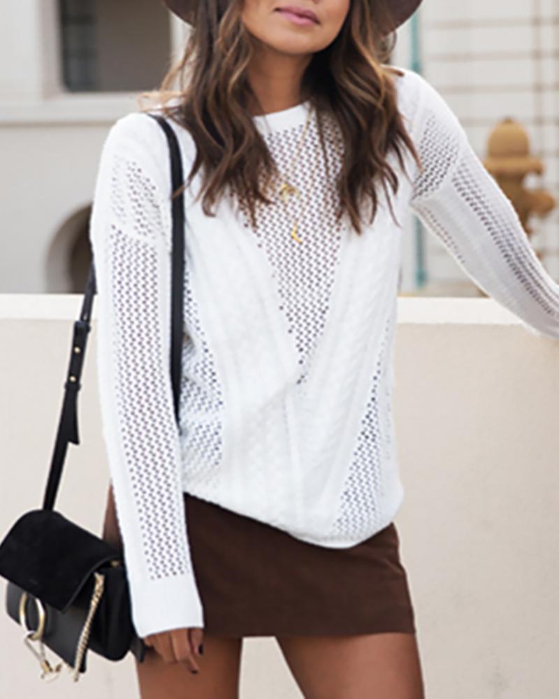 

Solid Round Neck Long Sleeve Hollow Out Sweater, White