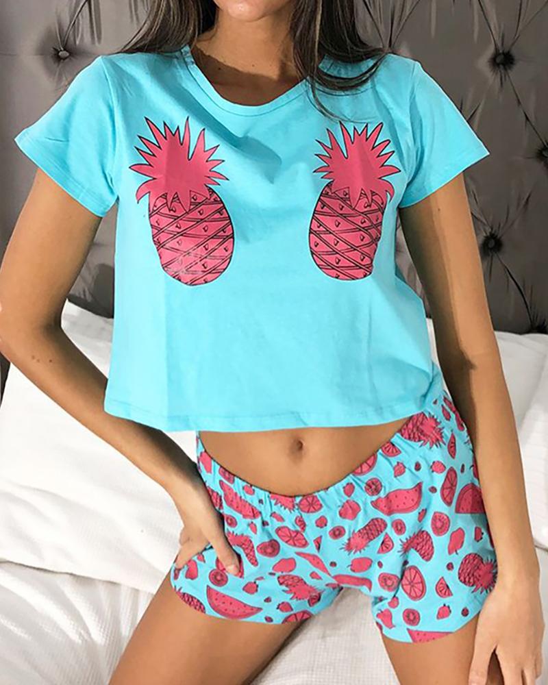 

Fruit Print Short Sleeve Pajamas Set, Blue