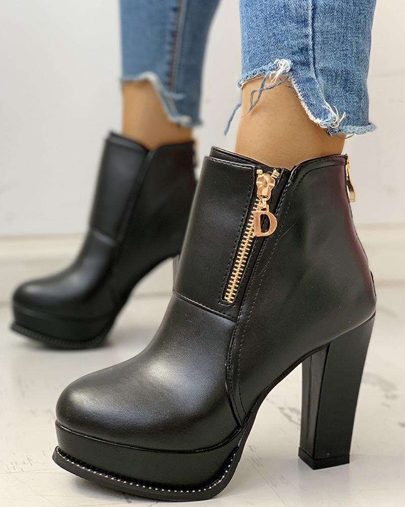 

Solid Platform Zipper PU Chunky Heeled Boots, Black