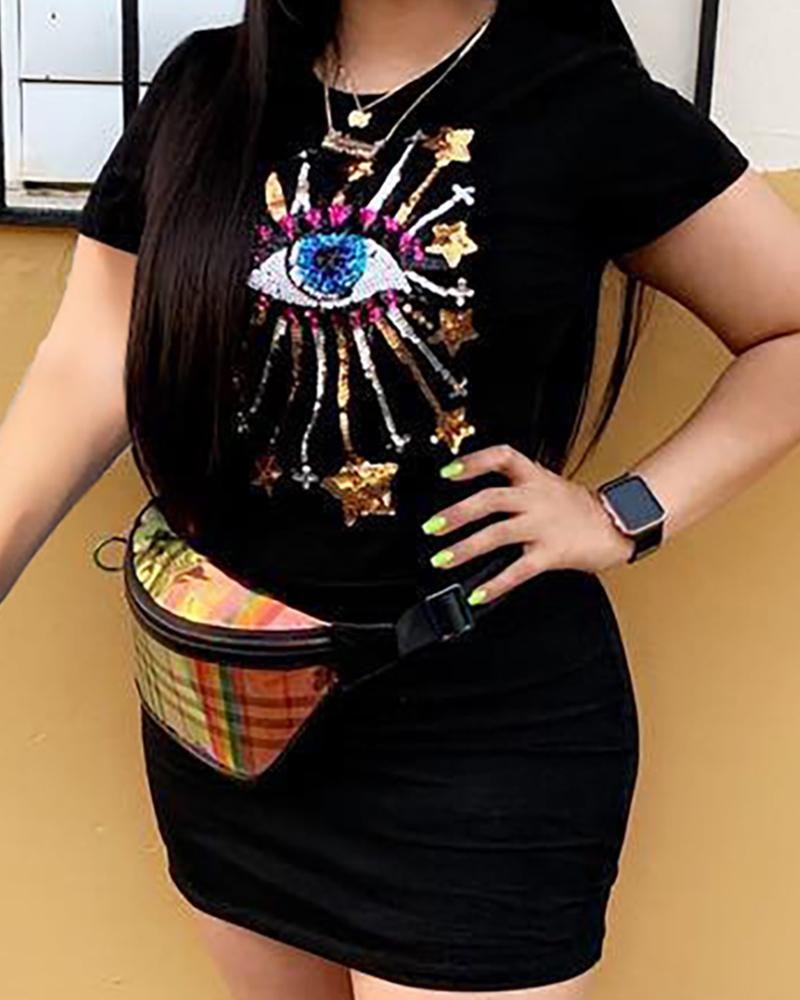 

Short Sleeve Patch Star T-shirt Dress, Black