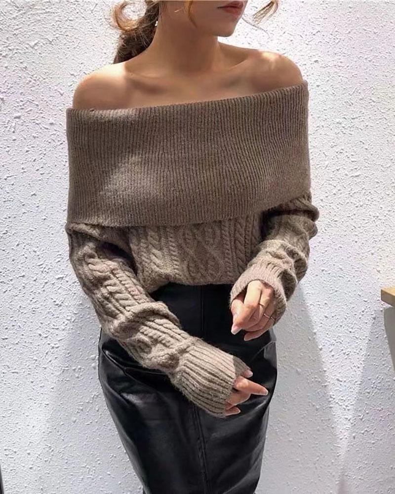 

Off Shoulder Long Sleeve Casual Sweater, Khaki