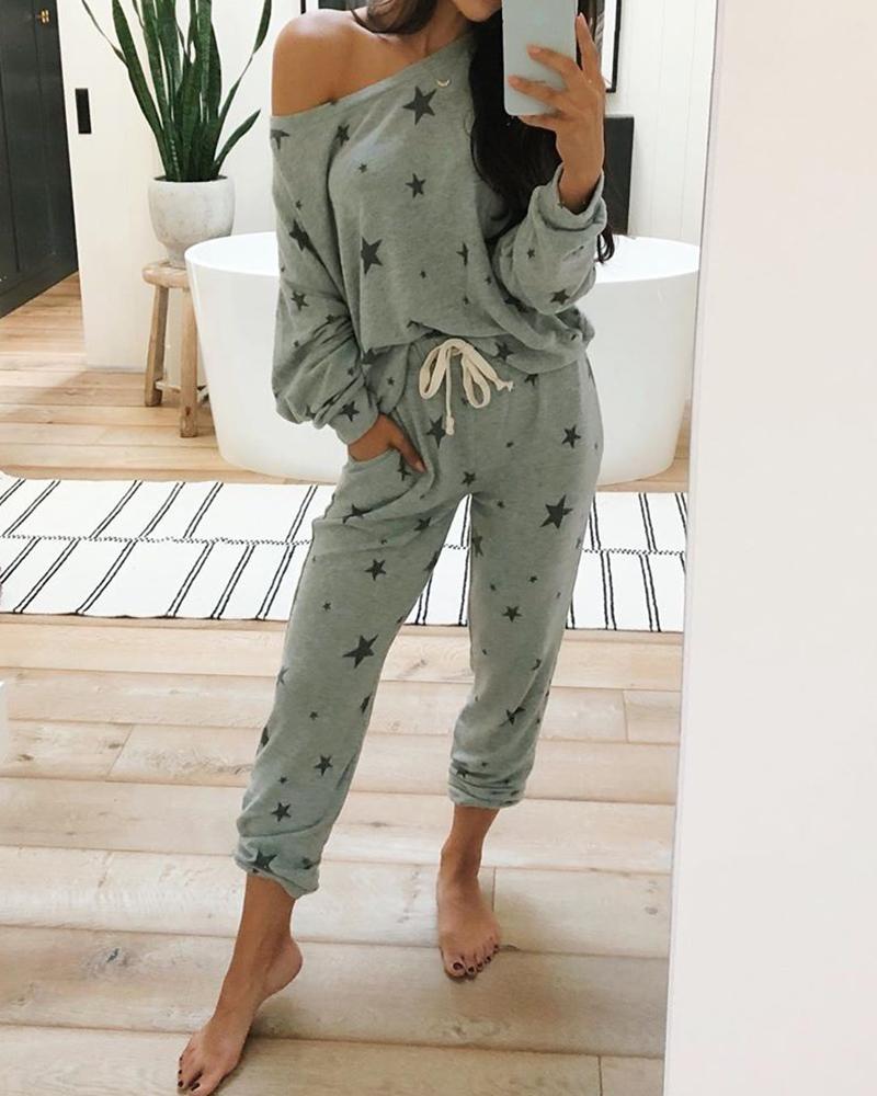 

Stars Print Casual Top & Pant Set, Gray