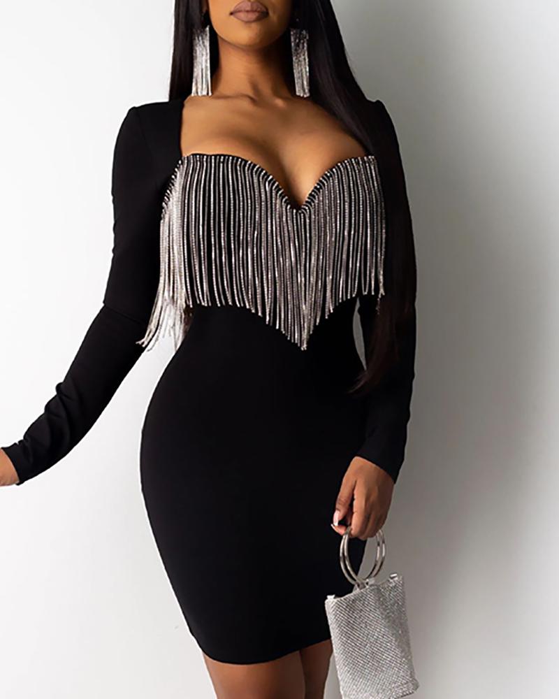 

Tassel Design Long Sleeve Bodycon Dress, Black