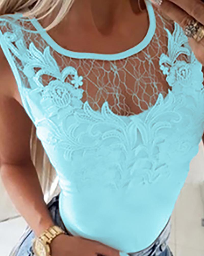 

Lace Applique Mesh Stitching Cutout Back Top, Blue