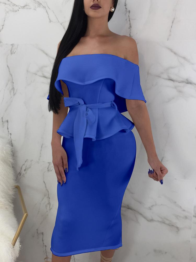 

Off Shoulder Belted Peplum Top & Pencil Skirt Set, Blue