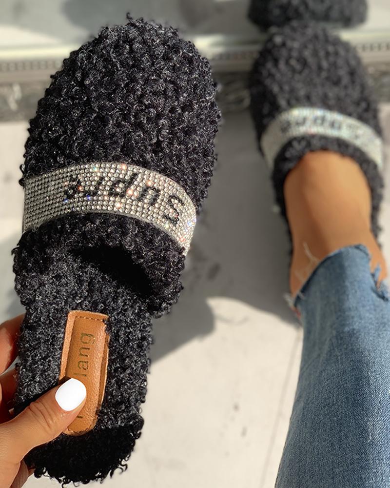 

Fluffy Letter Print Flat Slippers, Black