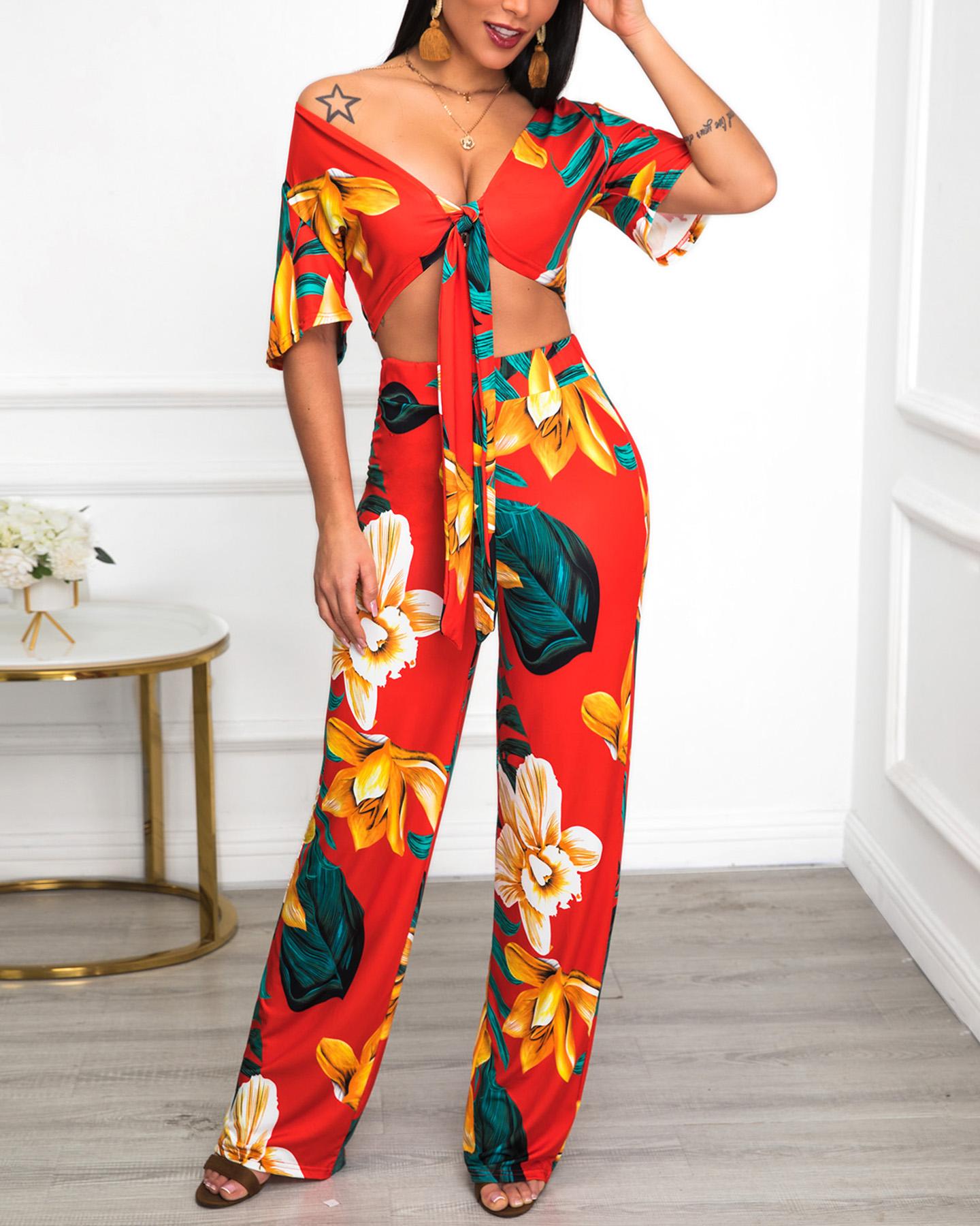 

Floral Print Crop Top With Pants Set, Yellow