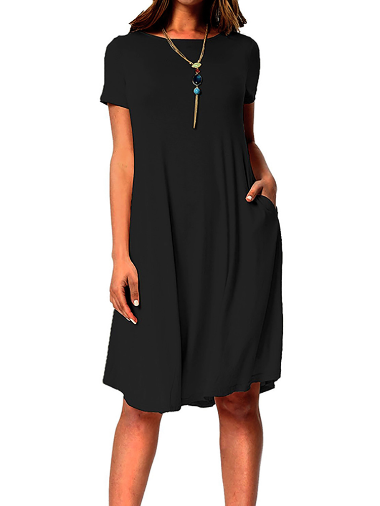 

Trendy Pleated Hidden Pocket Casual Dress, Black;purple;brown;dark blue