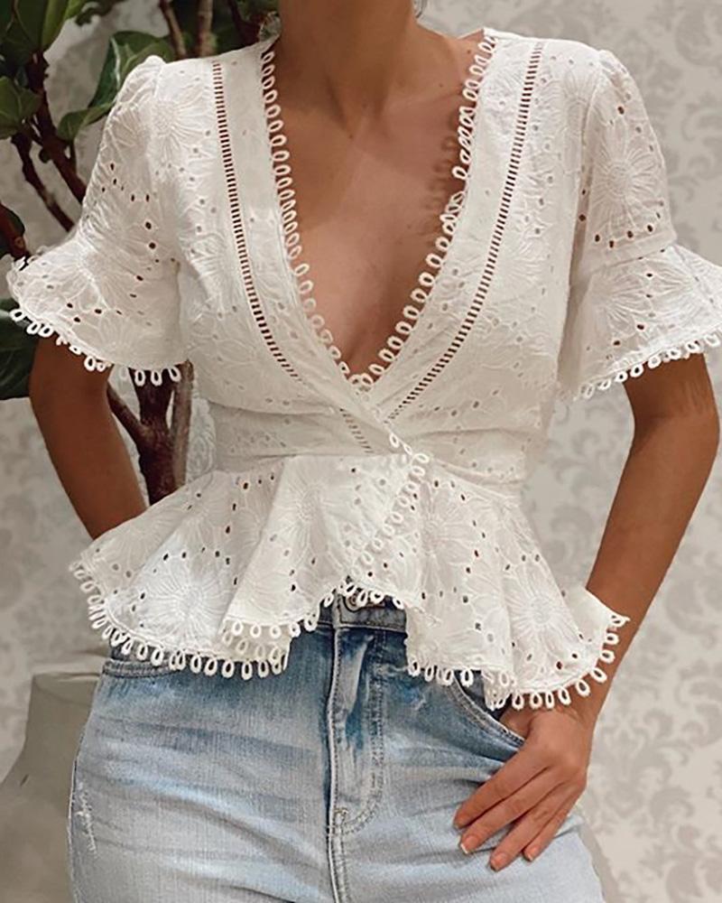 

Lace Hollow Out Plunge Blouse, White