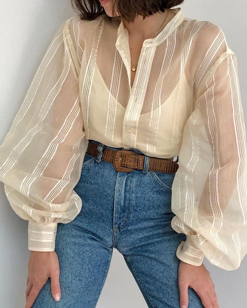 

Striped Sheer Lantern Sleeve Casual Shirt, Beige