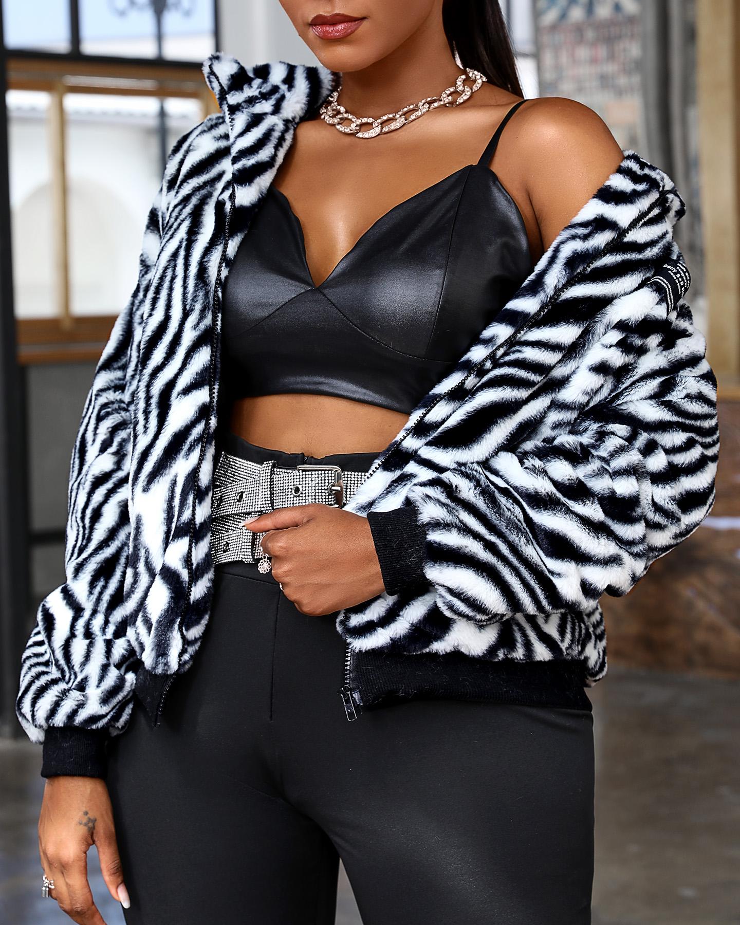 

Zebra Stripe Zipper Design Teddy Coat, Black