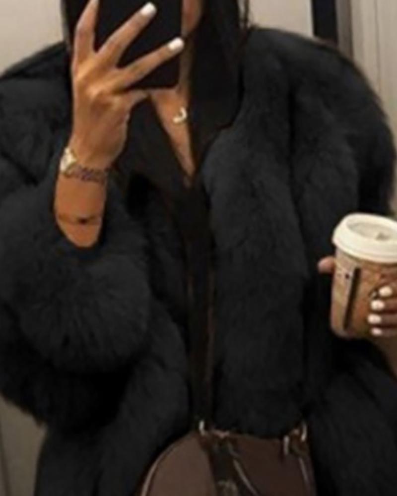 

Solid Faux Fur Longline Casual Coat, Black