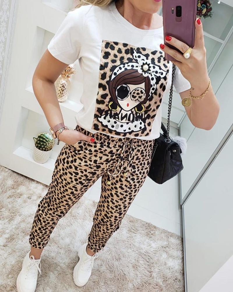 

Leopard Print Short Sleeve Casual Top & Pant Set
