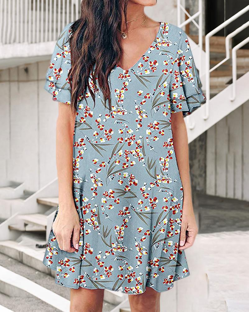 

V-neck Floral Leaf Print Dress, Blue