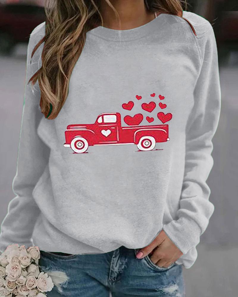 

Car Heart Print Casual Long Sleeve Sweatshirt, Gray