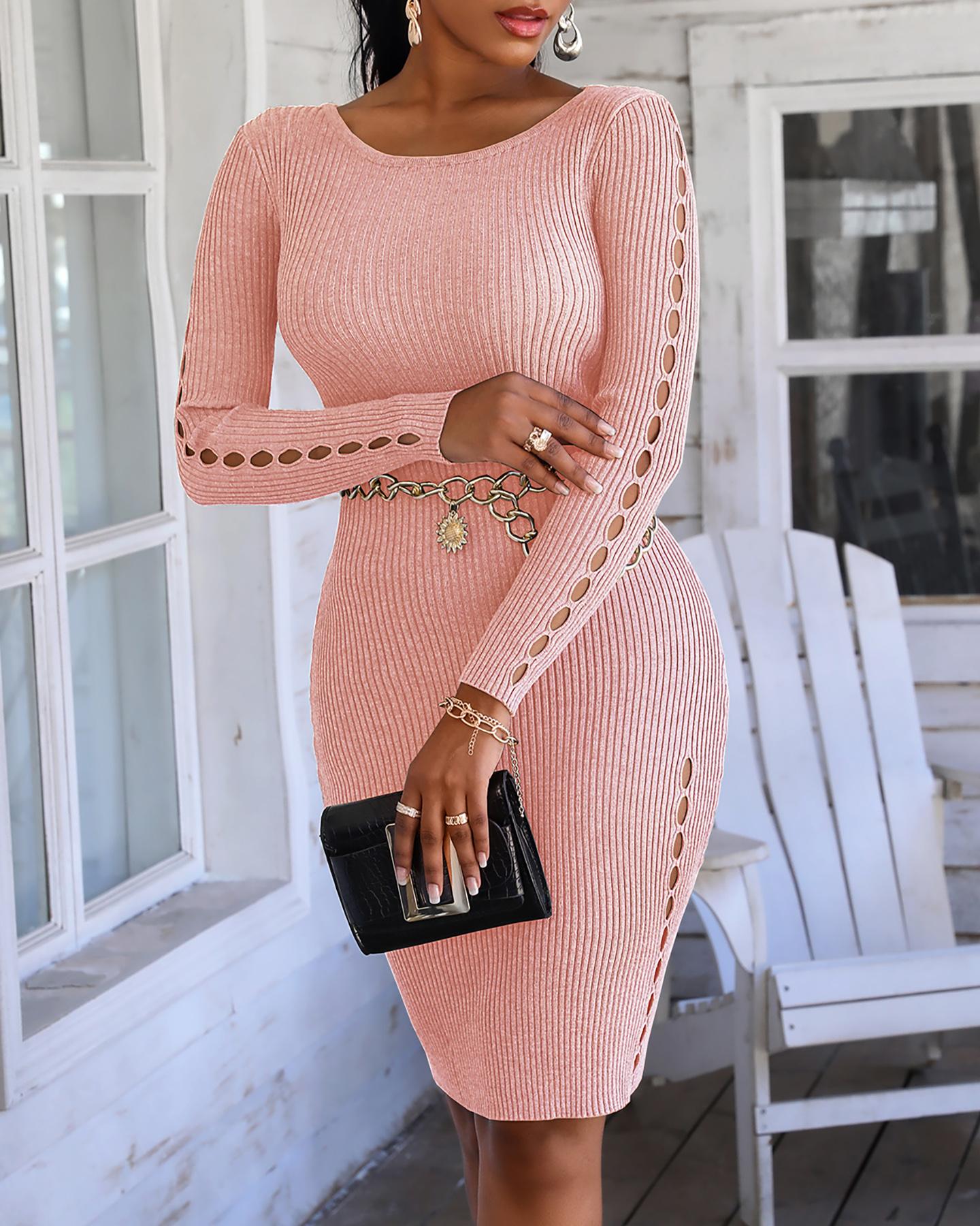 

Plain Long Sleeve Hollow Out Knit Sweater Dress, Pink