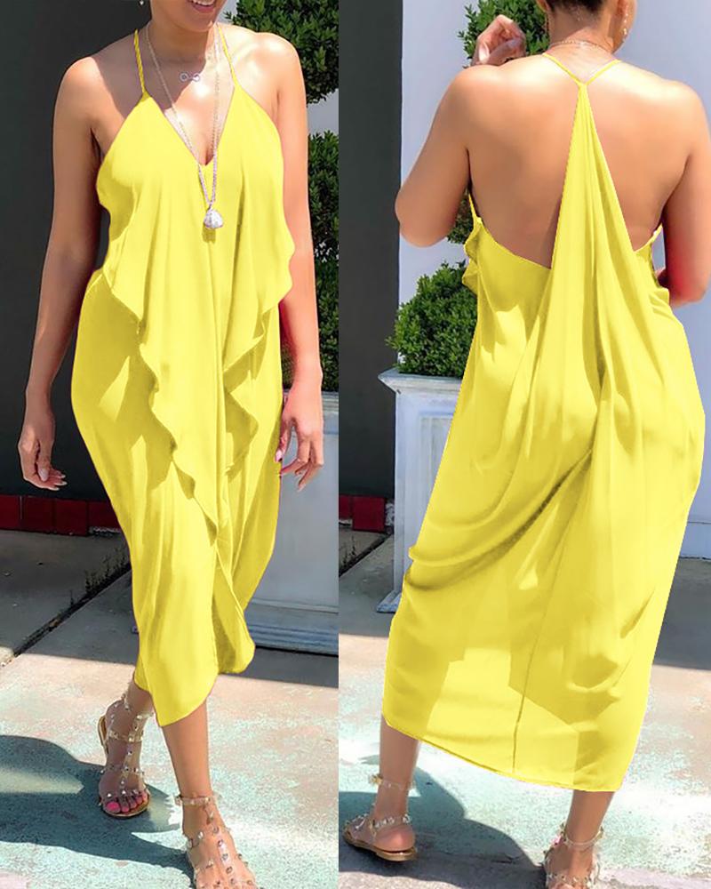

Frill Hem Ruffles Backless Slit Dress, Yellow