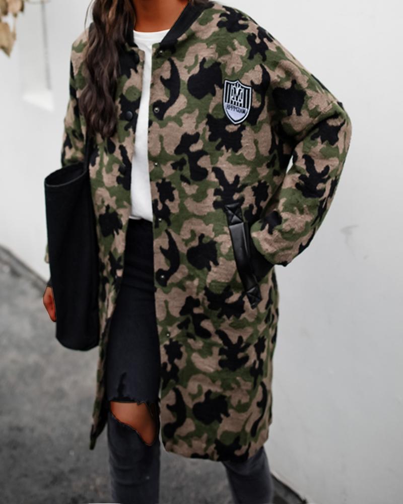 

Camouflage Print Long Sleeve Casual Coat, Camoflage