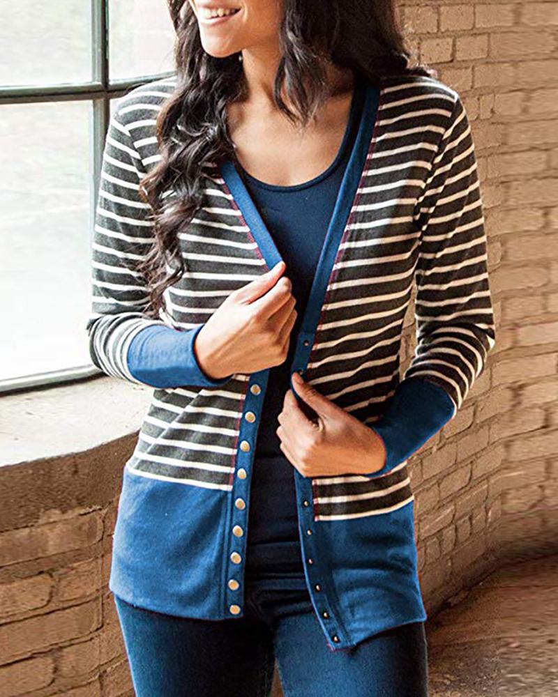 

Contrast Binding Striped Buttoned Cardigan, Blue