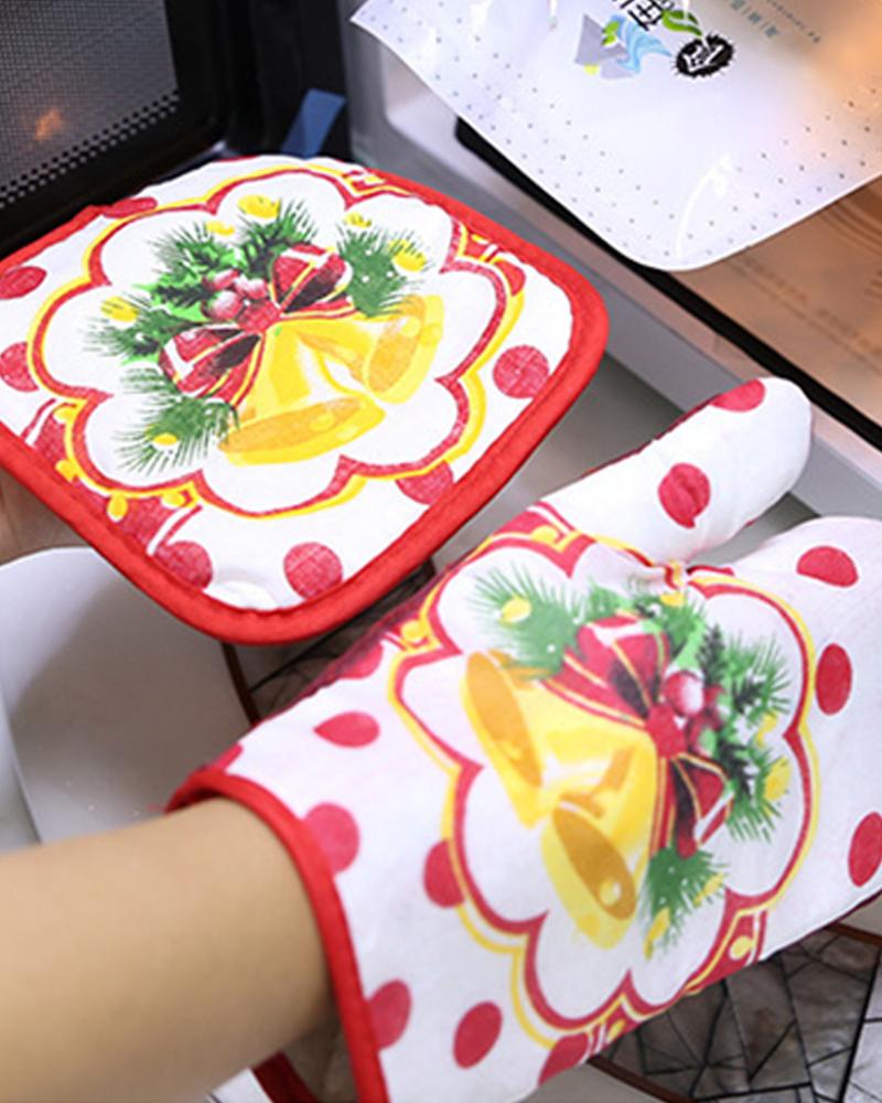 

2PCS Chrismtas Print Microwave Oven Glove & Insulation Pad Set, Style2