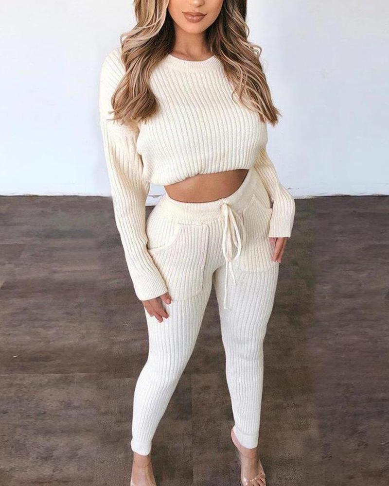

Sweater Crop Top Pants Set, White