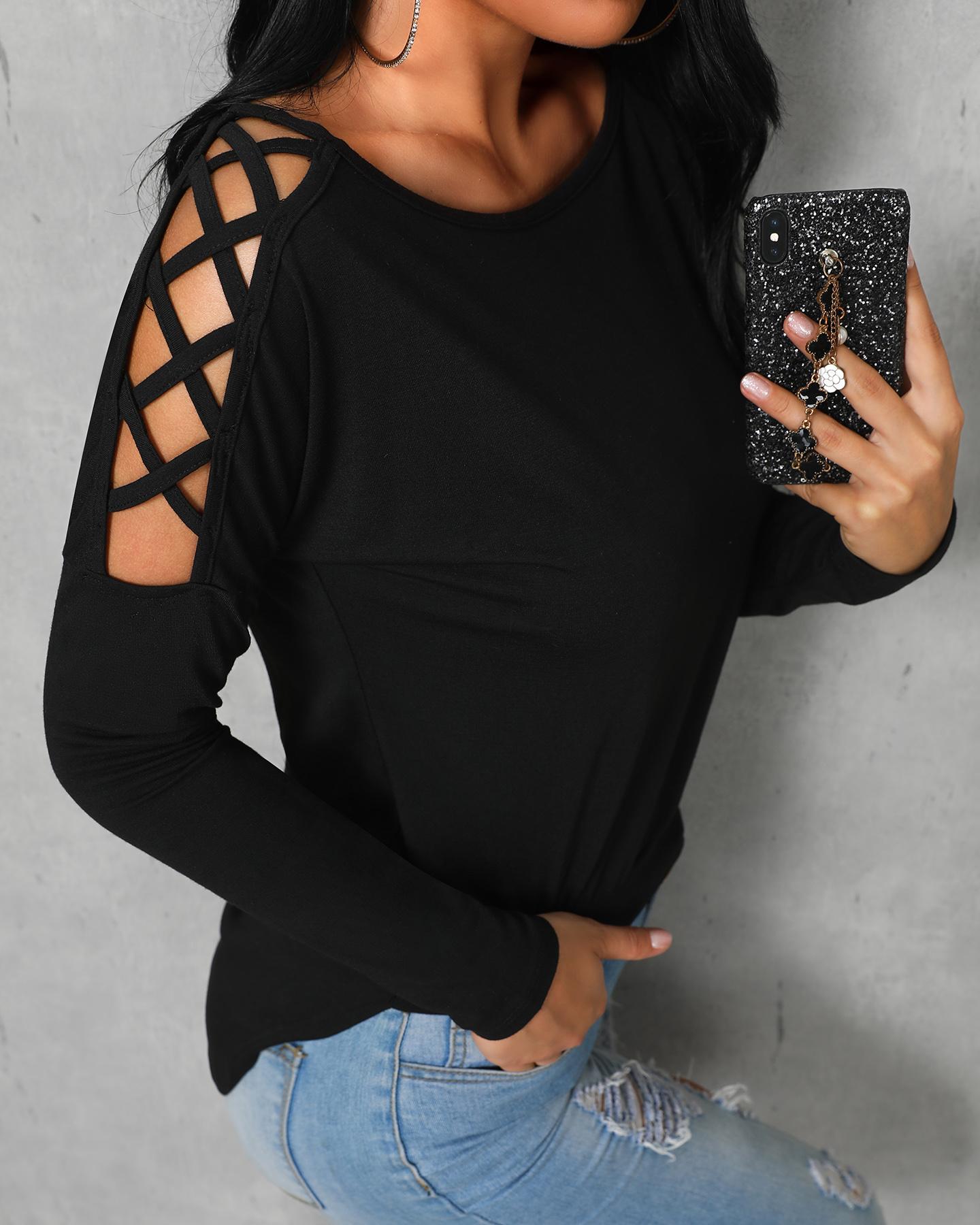 

Sexy Black Lace-up Shoulder High-low Trim Top