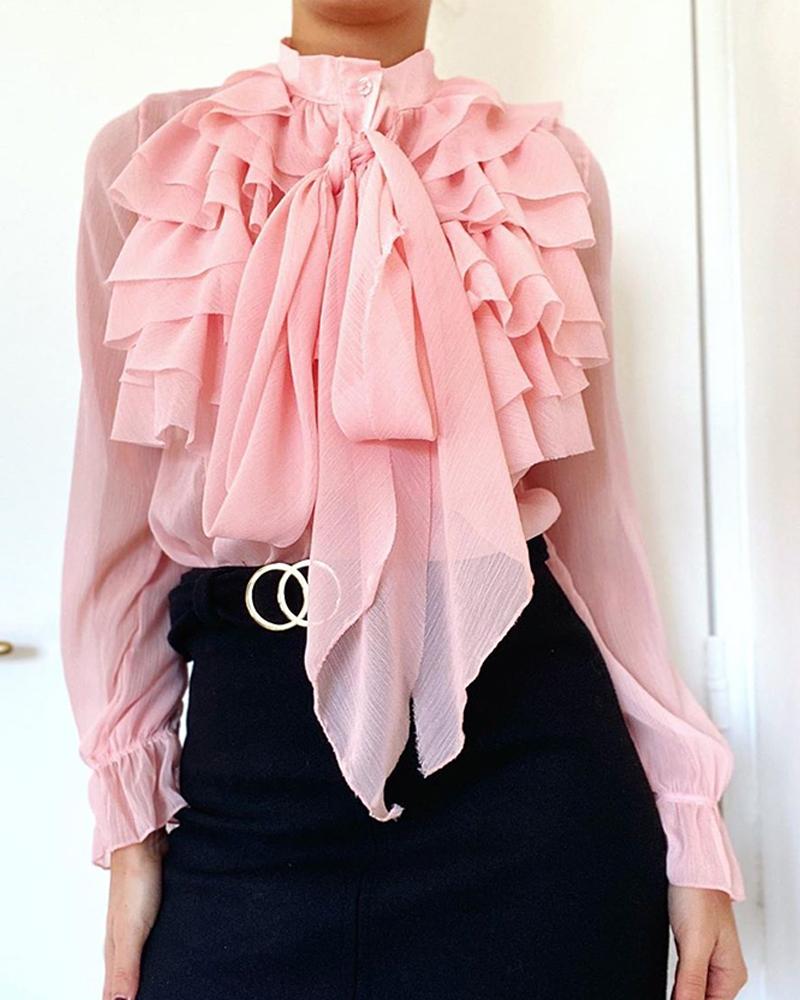 

Semi Sheer Ruffles Tied Detail Casual Blouse, Pink