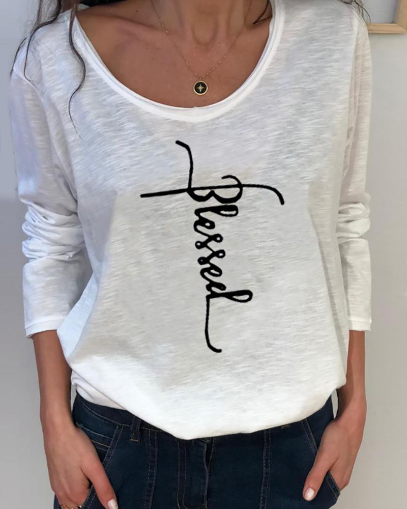 

Letter Print Round Neck Long Sleeve T-shirt, White