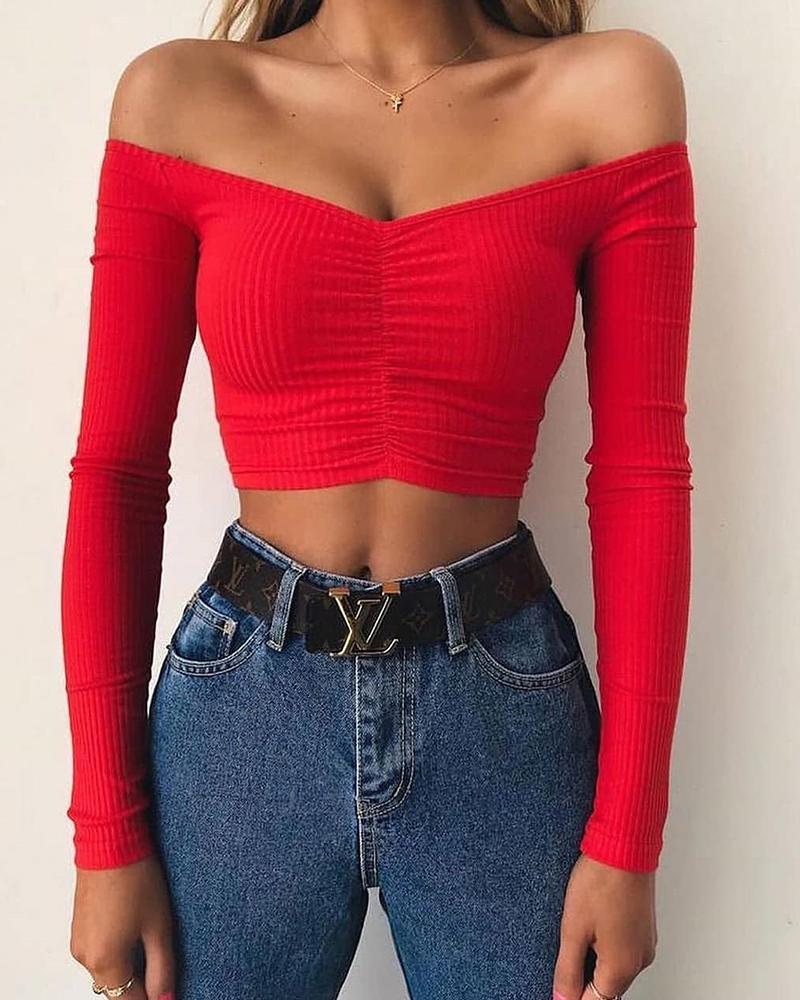 

Solid Off Shoulder Crop Top, Red