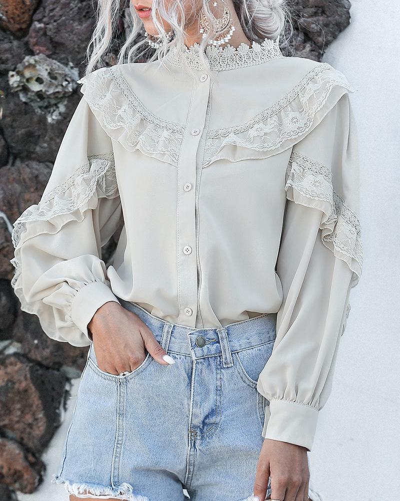

Lace Ruffles Trim Casual Long Sleeve Blouse, Apricot