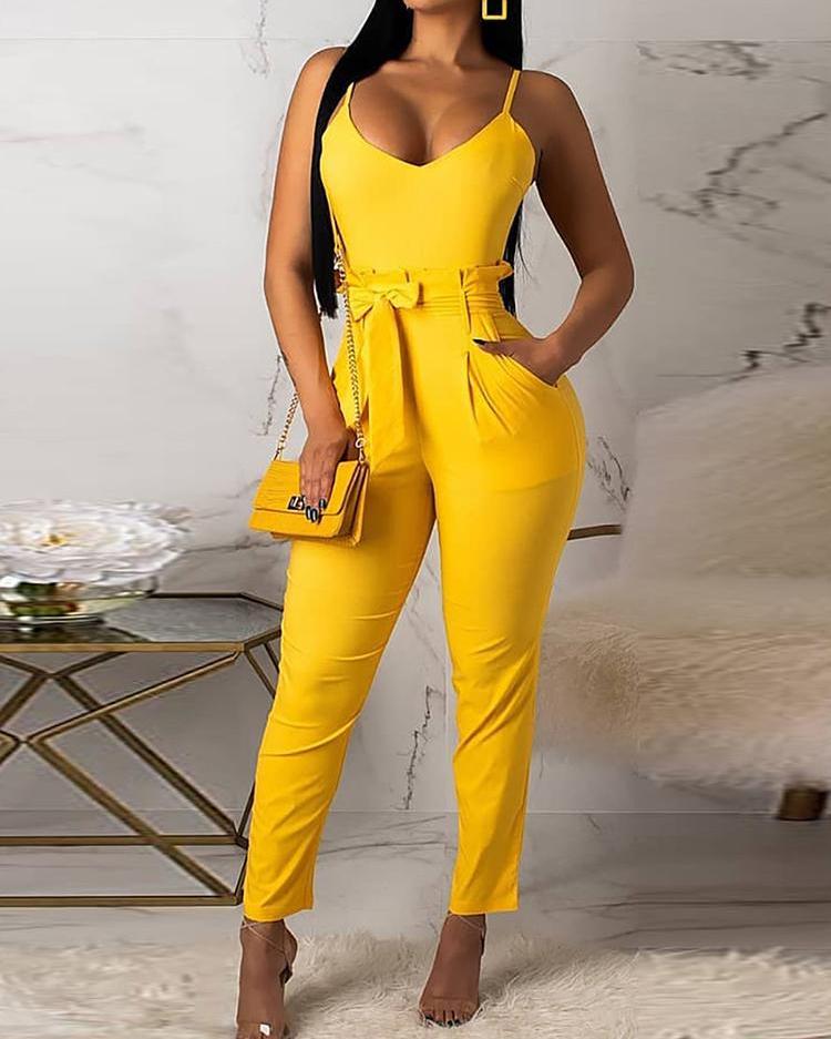 

Spaghetti Strap Ruffled Waist Belted Jumpsuits