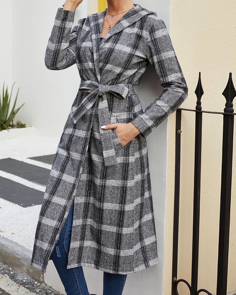 

Plaid Print Longline Hooded Trench Coat, Gray