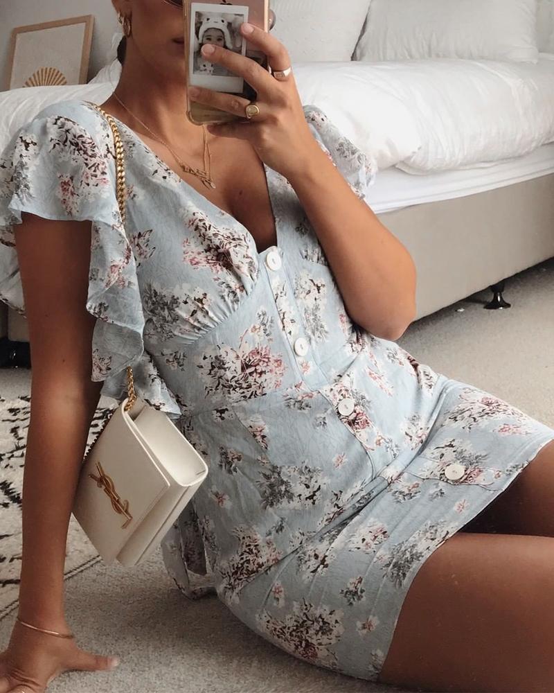 

Floral Print Button Detail Mini Dress, Light blue