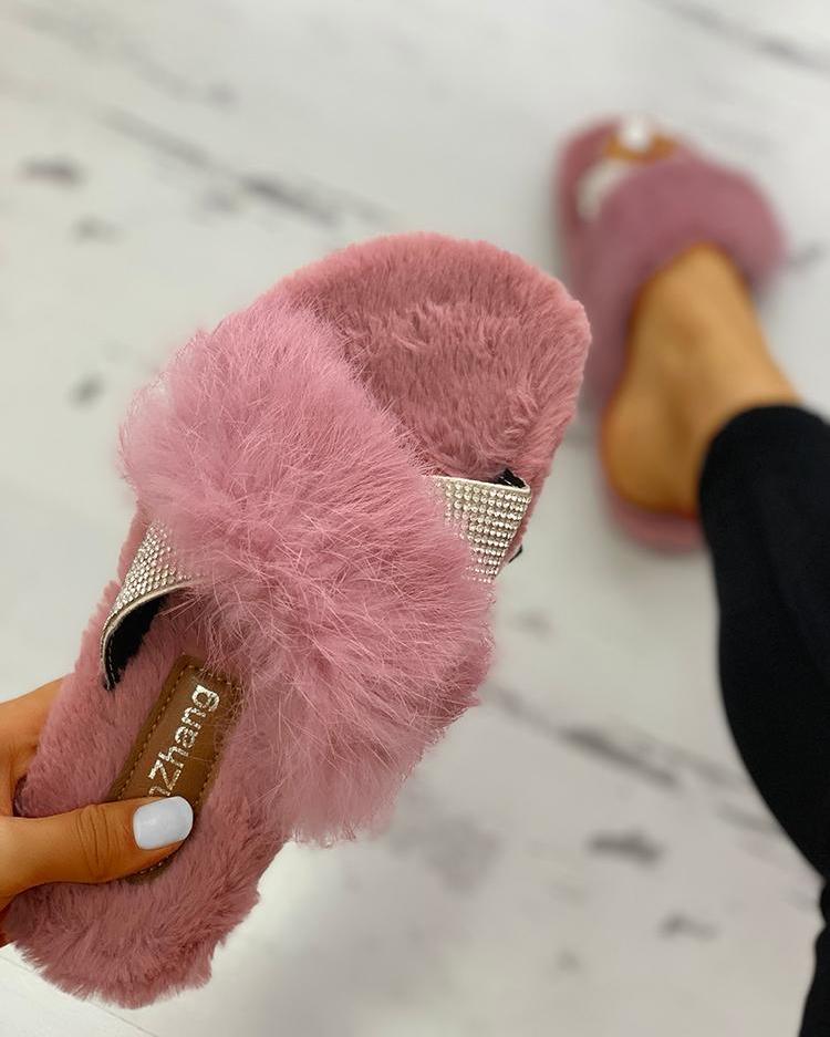 

Shiny Fluffy Embellished Open Toe Mules, Hot pink