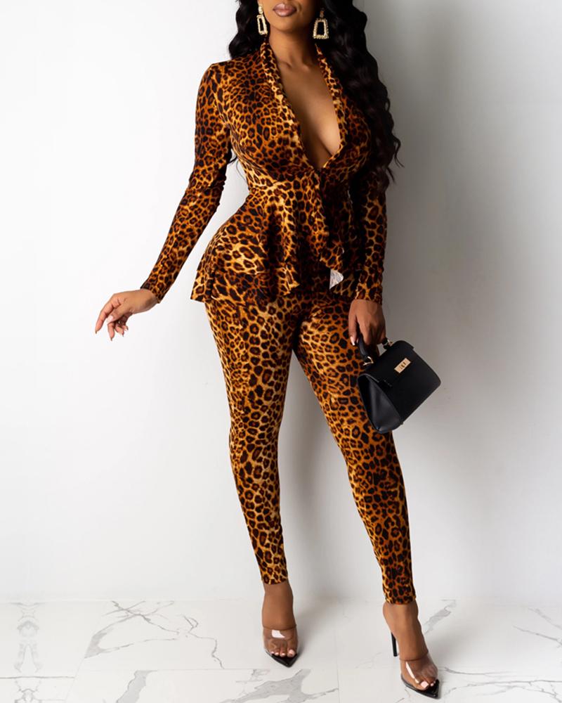 

V-Neck Layered Ruffles Print Long Sleeve Blazer & Pants Sets, Leopard