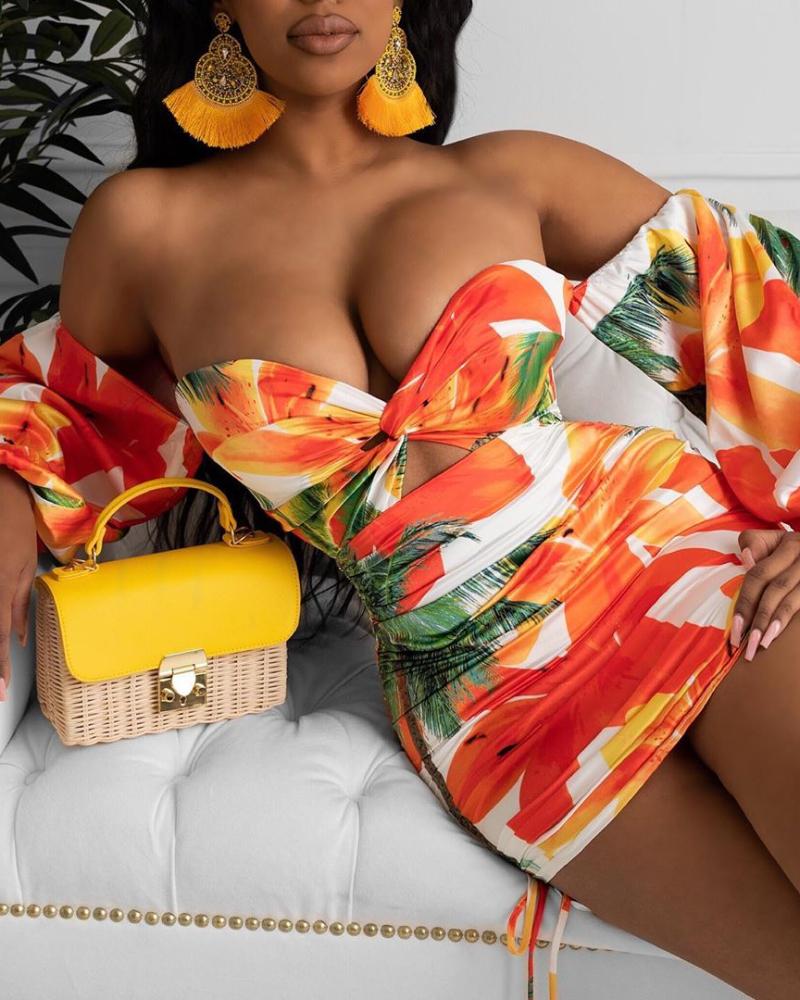 

Off Shoulder Floral Print Bodycon Dress, Orange